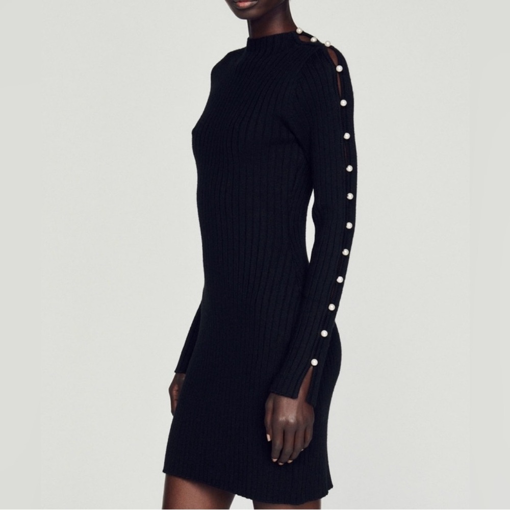NWT- Sandro Black Long Sleeve Pearls Wool Blend Dress in Size FR40 - US L
